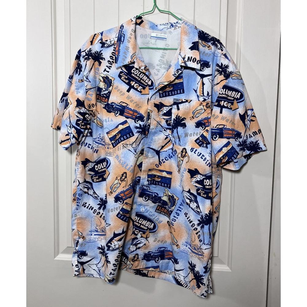 Columbia PFG Fishing Shirt Large AOP Camp Florida Offshore Vented Summer Boat